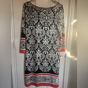 Haani Graphic Print Shift Dress - 3/4 Sleeve - Black/White/Orange - Size M